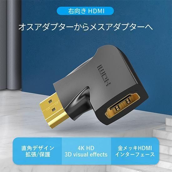 【AIQ】4K対応 HDMI 右向き直角アダプター Male to Female / VENTION