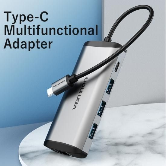 【CND】多機能 PDドッキングステーション USB-C to HDMI/USB3.0*3/RJ45/TF/SD 0.15M Gray メタルタイプ / VENTION