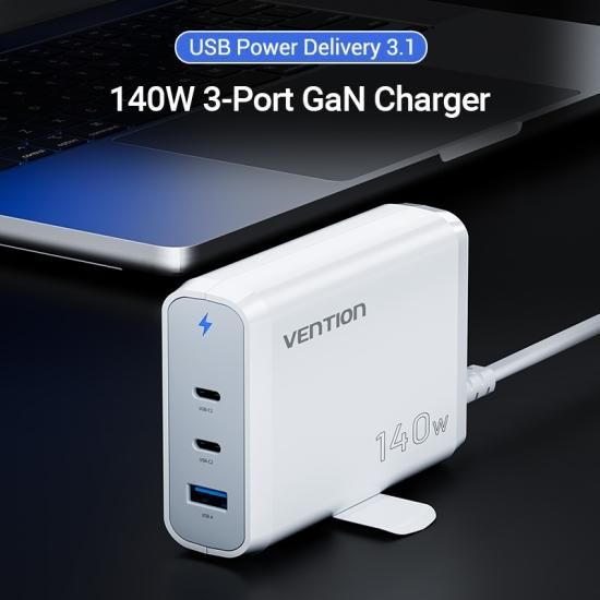 【GA-140W】3-port USB (C+C+A) GaN コンセント充電器(140W/140W/18W) White/ VENTION