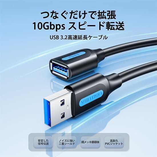 【CBO】USB3.2 Aオス⇔Aメス 延長ケーブル PVC 丸型 ブラック / VENTION